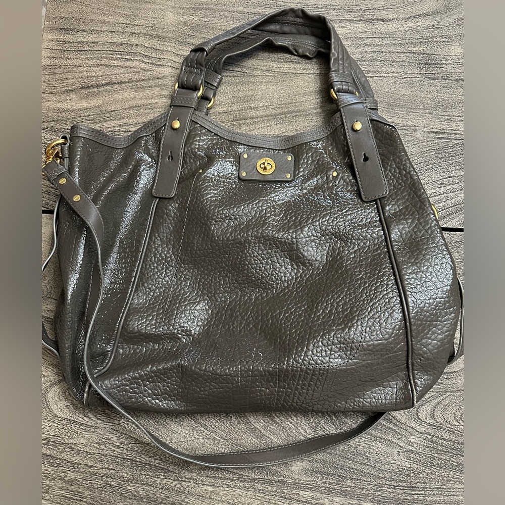 Marc Jacobs tote bag olive green patent with gold hardware. Used.